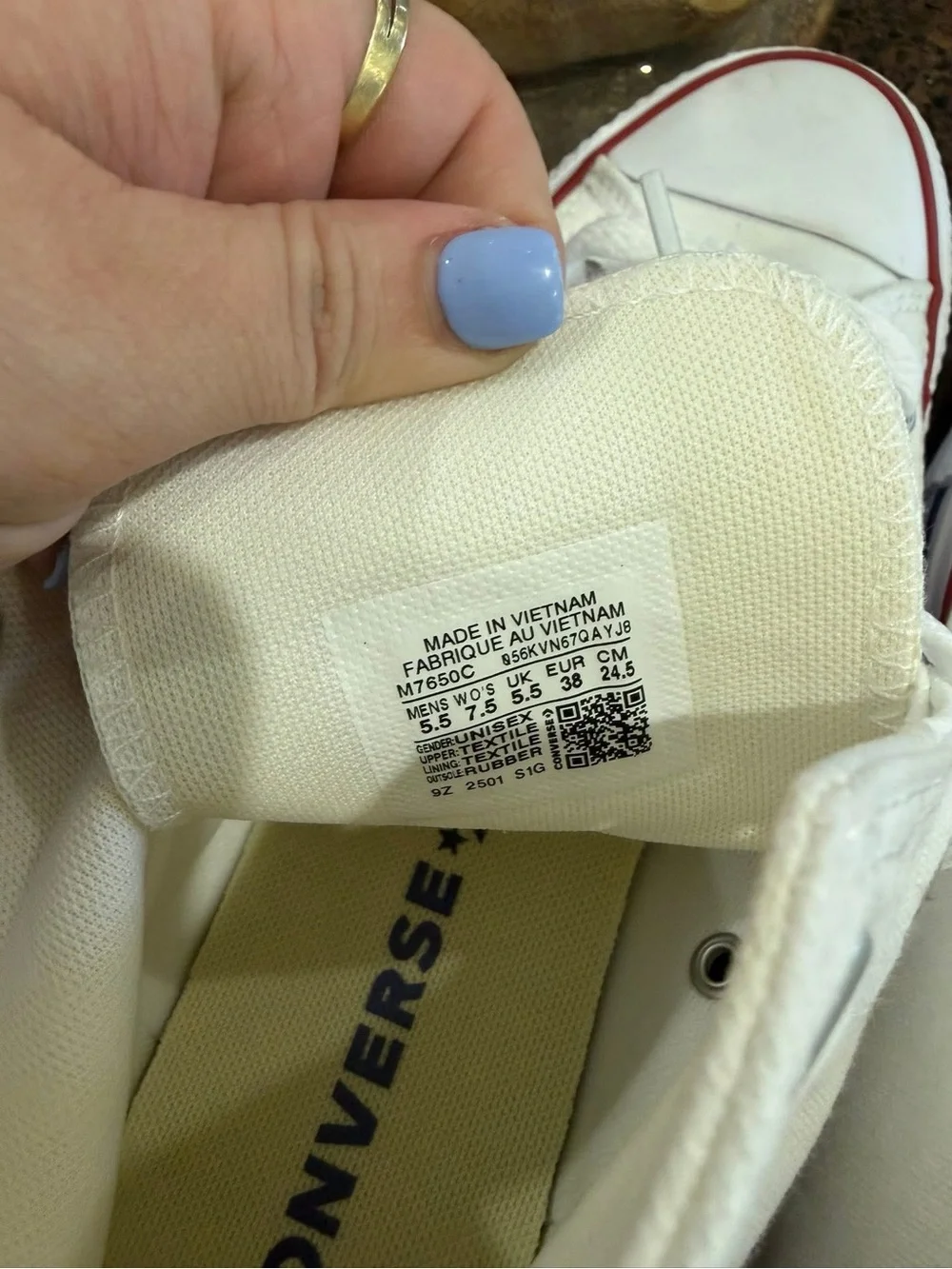Converse White High Top Sneakers with Red & Blue Stripes